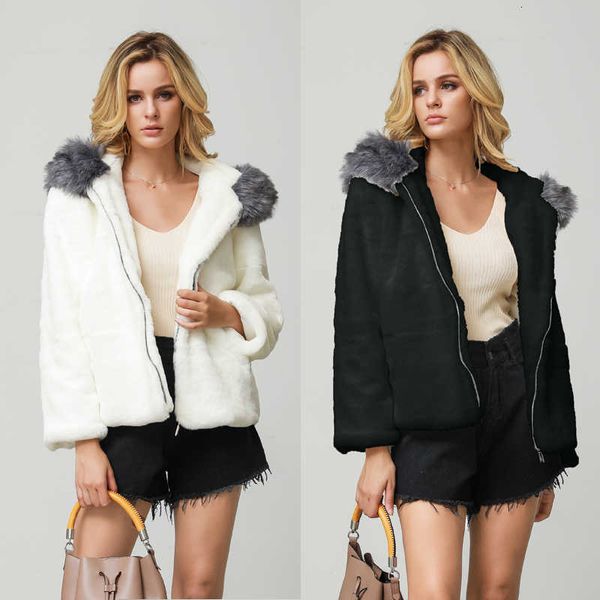 

casual female autumn winter zipper coat with pockets fashion hooded jacket loose faux fur plush warm coats black white outwear