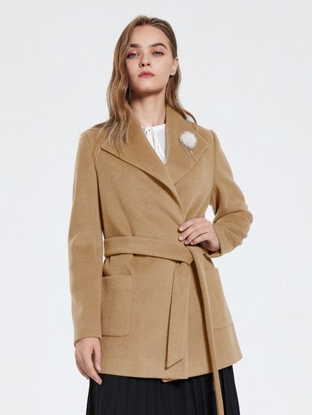 

miegofce pocket patched brooch detail self belted overcoat f4us#, Black