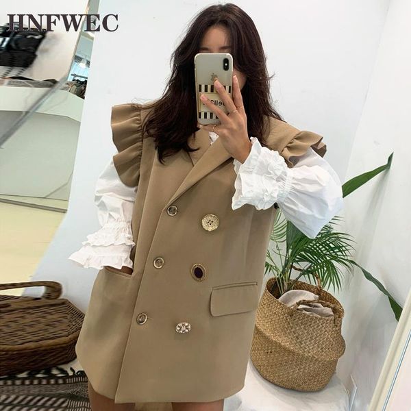 

autumn female turn-down collar ruffles sleeveless blazer coat double breasted loose solid color minimalist suit v6731, White;black