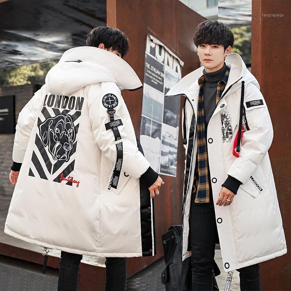 

personality print jackets mens hooded extra long duck down man thick winter down coats male keep warm fashion ribbon outerwear1, Black