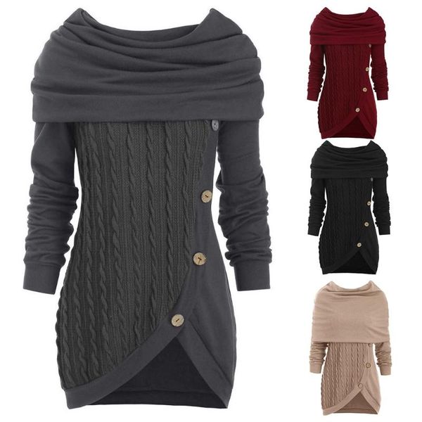 

women long sleeve hooded cowl neck sweater button asymmetric hem knit jumper top, White;black