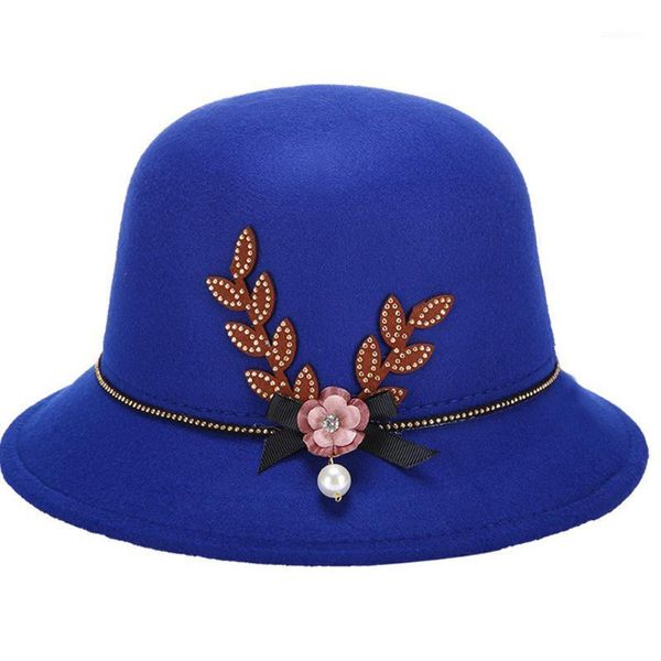 Geizige Krempe Hüte Frauen Sommer Frühling Herbst Winter Fedoras Blume Perle Verziert Filz Kappe Warme Einfache Elegante Bowler Hut1