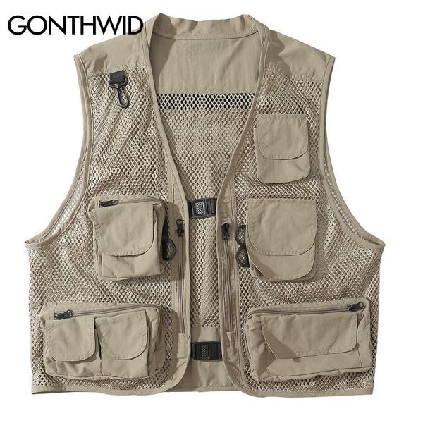 

gonthwid multi zipper pockets breathable fishing vests waistcoats mens sleeveless tactical combat hunting vest jackets outdoor lj201013, Black;brown