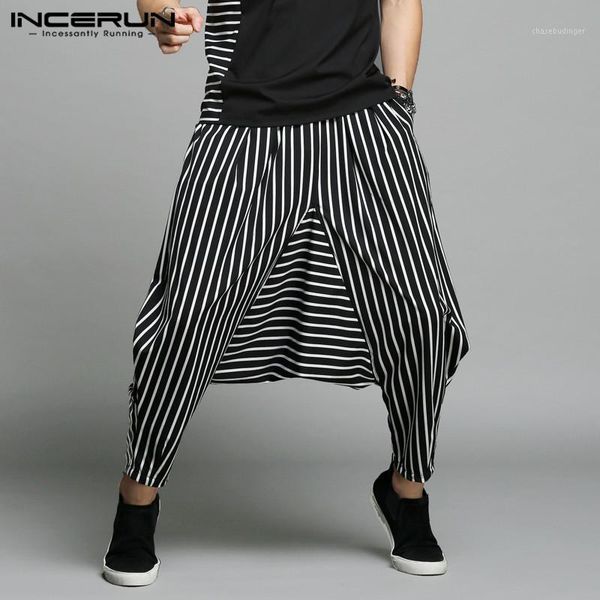 

incerun japan style s-5xl cross-pants men irregular striped patchwork harem pants men's trousers big male drop crotch plus dance1, Black