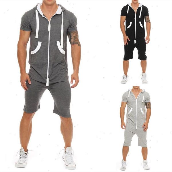

2021 casual tracksuit jumpsuit mens short sleeve sweatshirt hoodies romper mens overalls sportwear drop shipping good quality, Black