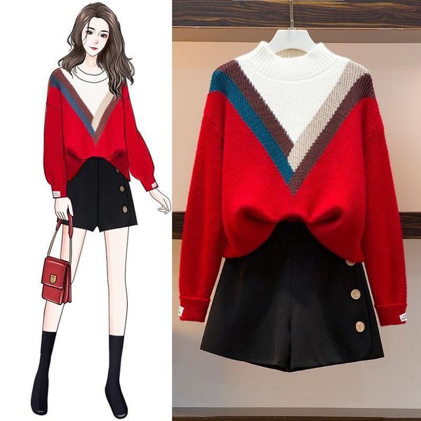 

new 2021 autumn vintage 2 joint pullover neck color matching sweater + shorts of two single piece y453 assembly hjaz guuc, Gray