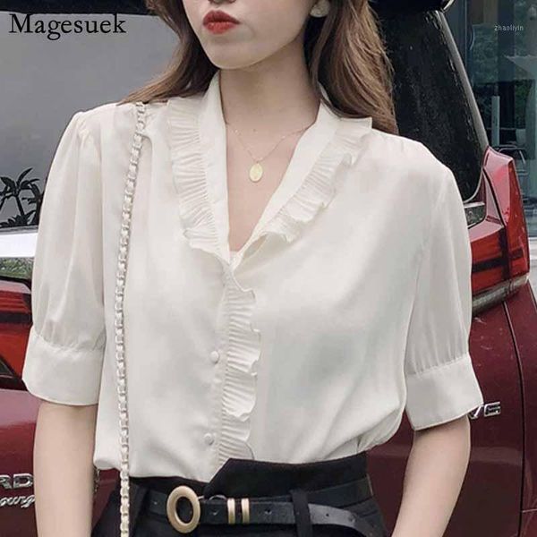 

women plus size short sleeve blusas casual blouse chiffon shirt v-neck french fashion ruffle women cardigan clothing 100211, White