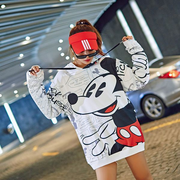 

new arrival runway short sleeve hooded sweatshirt dress casual cartoon printed women femme elegant vintage dresses, Black