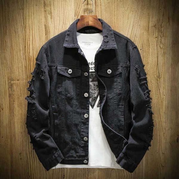 

men's jackets spring and autumn denim jacket slim-fit cotton red white black hole male men5xl, Black;brown