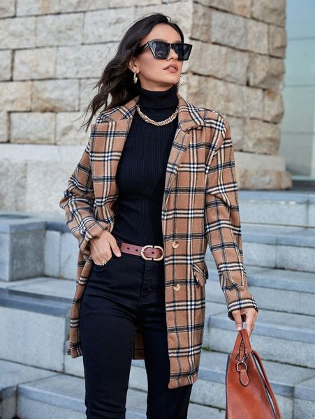 

tartan lapel collar overcoat without belt k4xy#, Black