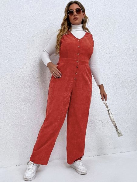

plus solid button front corduroy jumpsuit without sweater g381#, Black