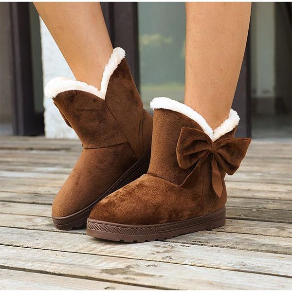 

women snow boots winter shoes warm casual fur ankle female bowtie non slip plush suede rubber flat slip on fashion ladies 43, Black