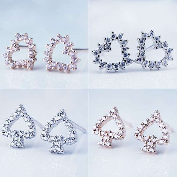 

fashion korean style heart-shaped ear studs trendy girly s925 silver heart-shaped hollow jeweled earrings valentines day gift wholesale, Golden;silver