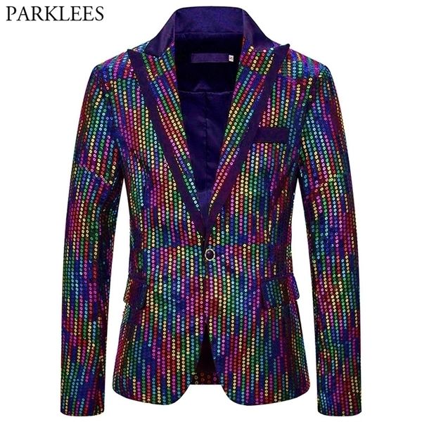 Renkli Gökkuşağı Glitter Pullu Blazer Ceket Erkekler Bir Düğme Tepe Yaka Ince Erkek Blazers Parti Sahne Balo Giysileri Şarkıcılar için 201104