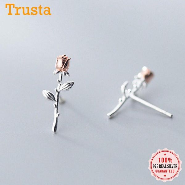 

trusta genuine 925 sterling silver fashion cute sweet glossy roses flower stud earrings for women girls kids jewelry gift ds2330, Golden;silver