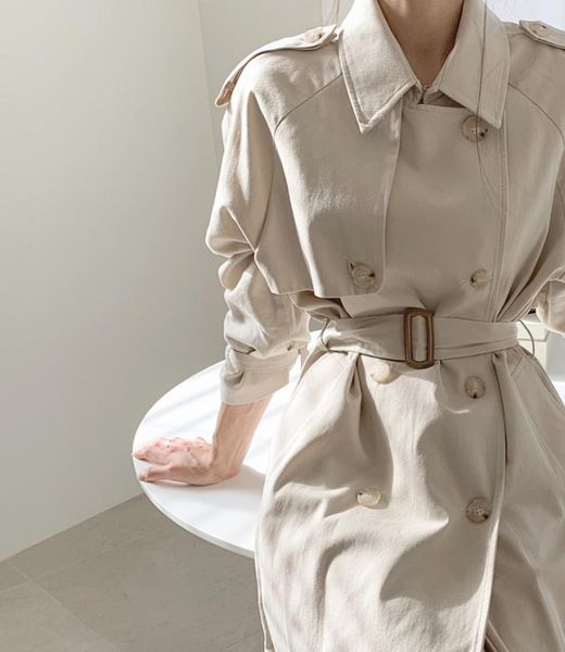 

new fashion autumn winter casual double breasted simple classic long trench women's coat with belt chic female windbreaker, Tan;black