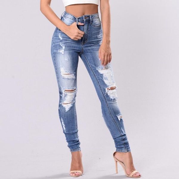 

women's 2021 new fashion vintage casual solid color pocket holes excoriation high-waisted slim pencil ripped jeans long trousers, Blue