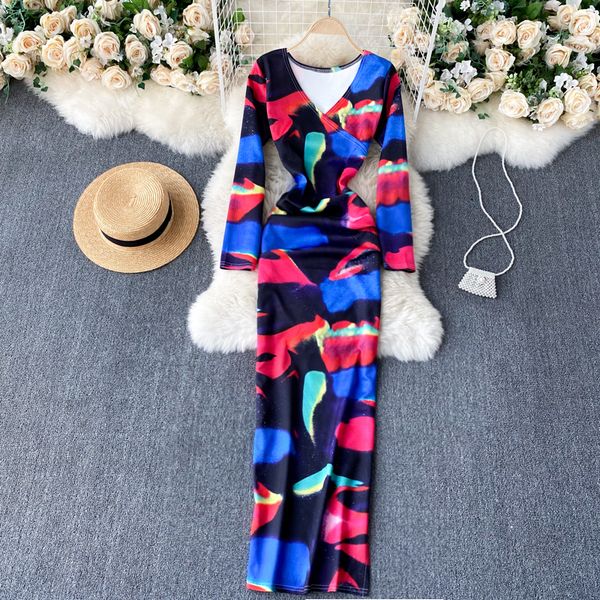 

2021 new singiny woomentie dye print maxi fashion design low-sleeve thin v-mango party streetwear long dress 5vcc, Black;gray
