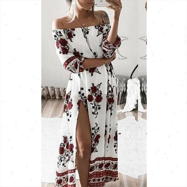 

women off shoulder floral print half sleeve maxi boho beach party dress womens dress slash long robe femme, Black;gray
