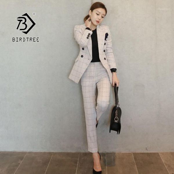 

2020 autumn women's two pieces suit double-breasted notched collar plaid blazer full-length trouser fashion office lady s96812d1, White