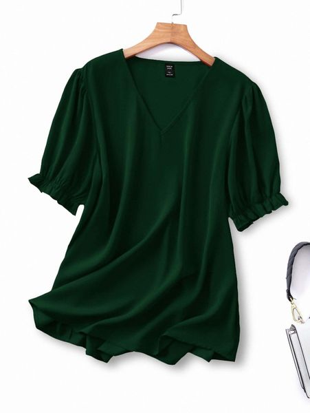 

plus solid v-neck flounce sleeve blouse r3tw#, Black