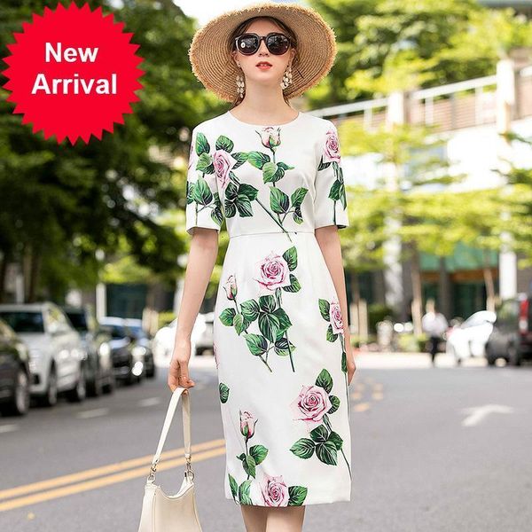 

designer 2021 de luxo das mulheres rosa impresso midi vestidos femininos vero novo branco manga curta elegante vestido festa roupas ezxt, Black;gray