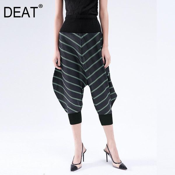 

deat] 2020 pleated women's harem pants striped hit color high waist loose trousers elastic feet casaual summer fashion am6621, Black;white