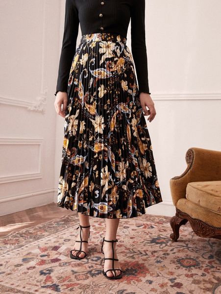 

floral print pleated skirt h1ze#, Black