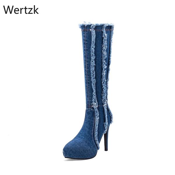 

fashion women boots high heels spring autumn boots high stiletto jeans platform zip denim mid-calf knee b422, Black