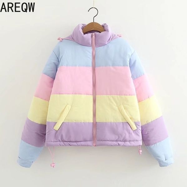 

women coat oversize harajuku parkas short padded casual warm jacket striped winter clothing rainbow stripe splicing fluffy parka 201019, Black