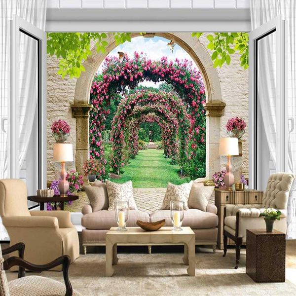

wallpapers drop european style 3d window spatial extension arches flower vine small road mural wallpaper po wall paper1