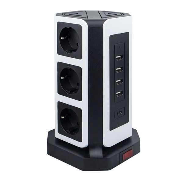 Multipresa verticale multipla Presa elettrica EU Presa a 9 vie Tower Porte USB-C Cavo da 2 m Protezione da sovratensione da cortocircuito porta video indipendente dalla luce