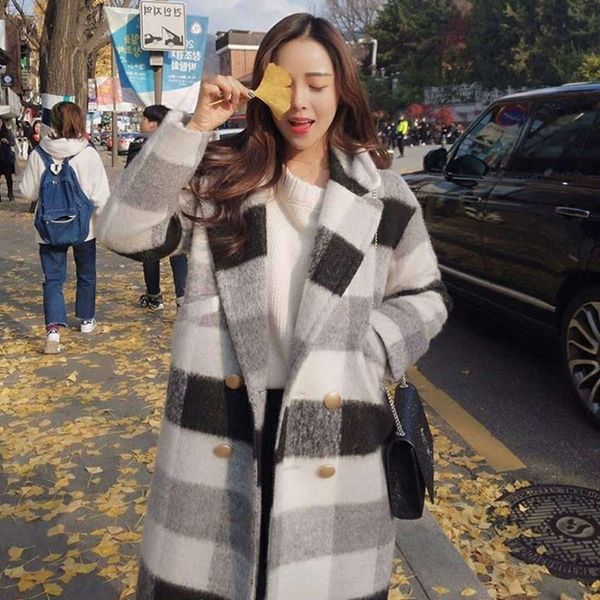 

autumn winter elegant fashion long wool coat women black and white plaid wool blend coat and jacket solid women coats lj201109