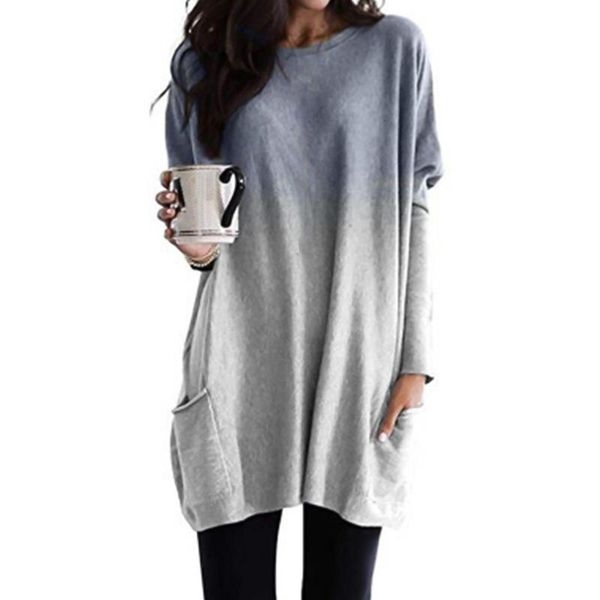

casual dresses women o neck gradient color loose pullover blouse pockets long tunic spring autumn sleeve streetwear, Black;gray