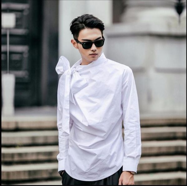 

men's casual shirts men fashion vintage neck bow shirt long sleeve nightclub hairstylist clothing singer costumes, White;black