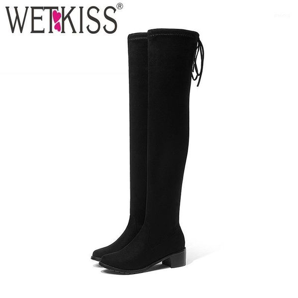 

boots wetkiss big size 34-43 female stretch over knee boot faux suede square heel thigh high lady winter shoe woman footwear1, Black