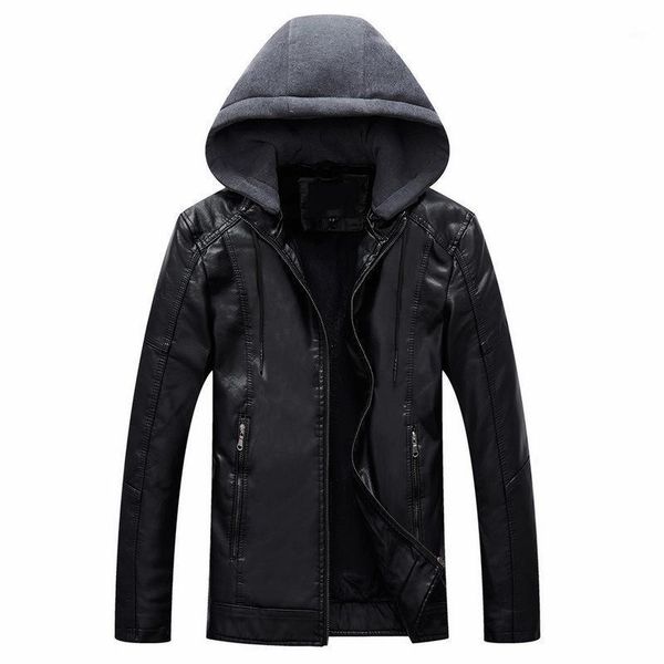 

men leather jacket autumn winter hooded warm pu leather jacket men's casual motorcycle jackets business outerwear male clothes1, Black