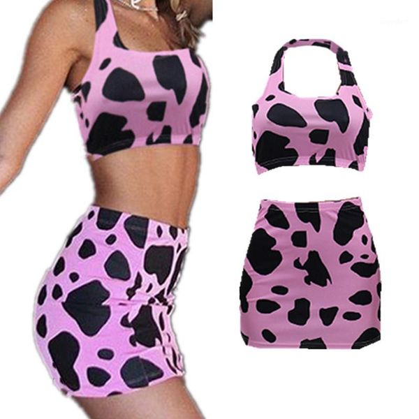 

women cow print summer 2 piece short set fashion halter crop and mini bodycon skirt beach party club skirt set1, Gray