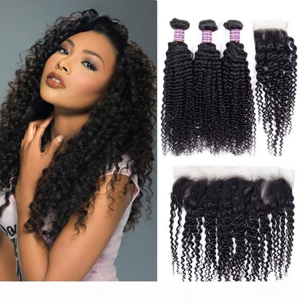 

popular brazilian kinky curly human hair bundles with closure virgin peruvian malaysian human hair extensions bundles with lace frontal, Black;brown
