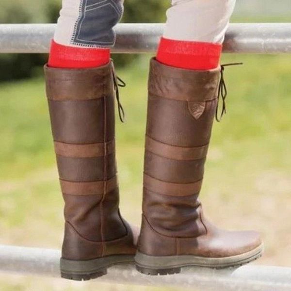

women knee high boots low heels vintage pu leather lace up shoes plus size gladiator booties woman mujer zapatos mujer d1884, Black