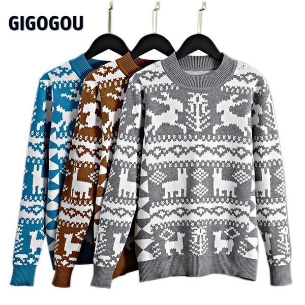 

gigogou nordic style women's sweater autumn winter pullovers jacquard knit thick warm crew neck christmas sweaters pull 201221, White;black