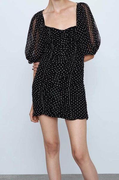 

autumn 2009 women's wear new style pleated square collar bubble short sleeve slim package hip wave point juan net dress, Black;gray