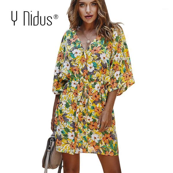 

floral summer mini dresses women boho tunic print party dress 2020 button up short beach dresses casual loose sundress1, Black;gray