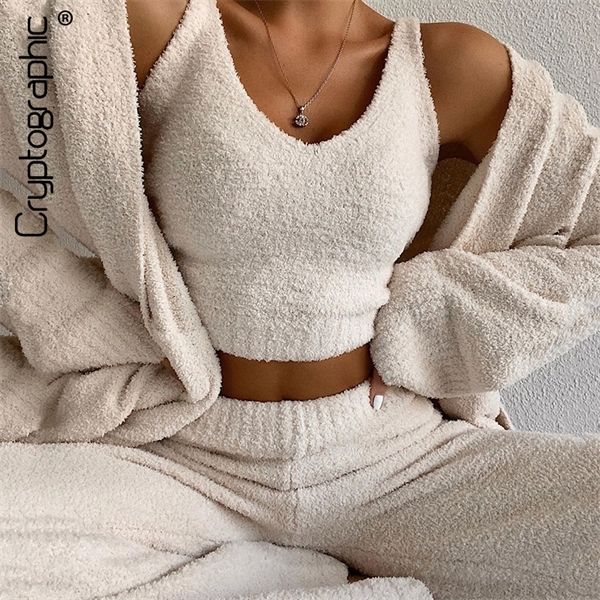 

cryptographic fur two piece outfits backless crop women outfits matching set and high waist pants party clubwear x0923, Gray