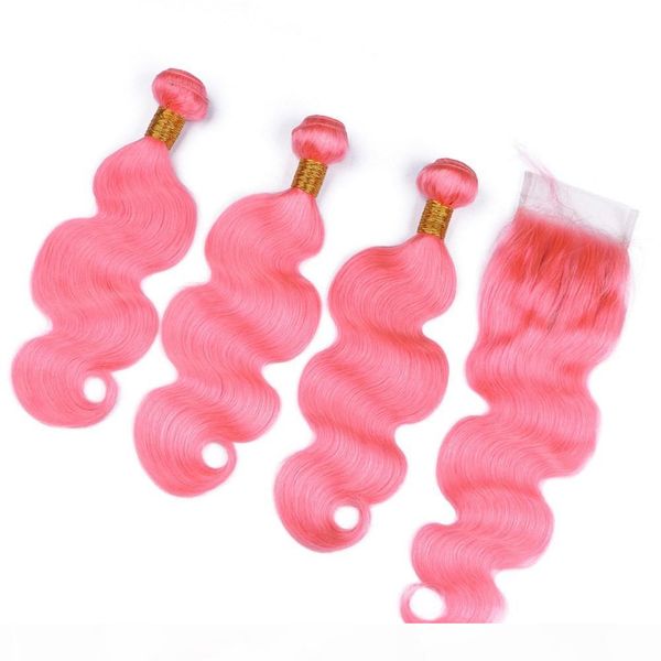 

перуанские pure pink virgin hair extensions уток с закрытием тела волны розового цвета человеческих волос weave связки с 4x4 lace front закр, Black;brown