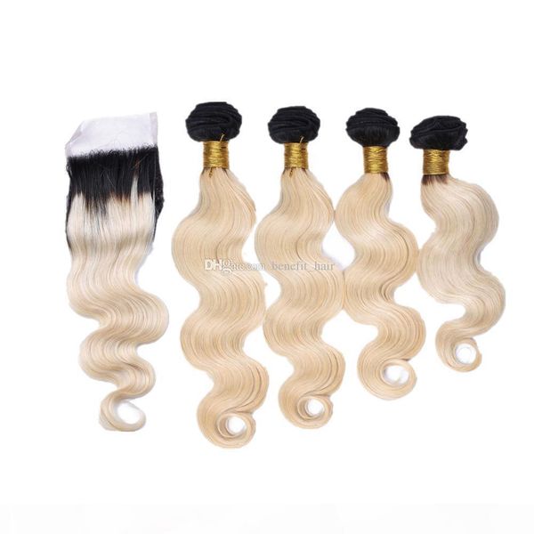 

blench blonde color body wavy hair 3bundles with lace closure virgin body wave hair extensions with ombre colored 1b 613 closure 4x4, Black;brown