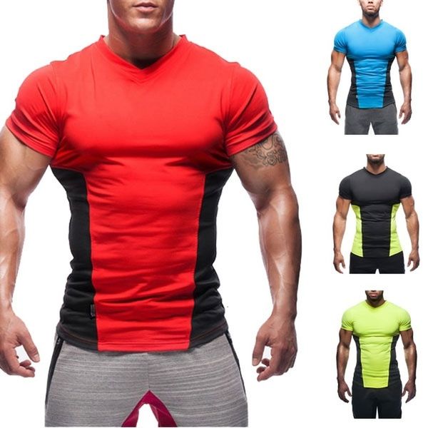 

2021 new summer short sleeve slim fit sports running speed tees patchwork quick dry t-shirts men 6imd, White;black