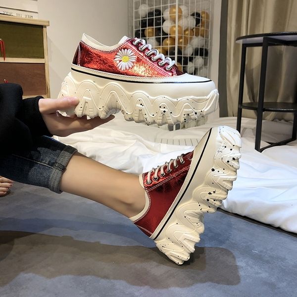 

sole 2020 spring woman chunky sneakers 7cm new platform wedges for women red fashion designers lace up leather casual shoes, Black