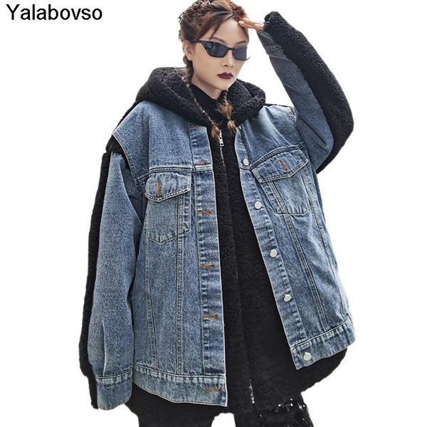 

winter 2021 new lambskin coat for women denim with color matching hooded loose cashmere thickened windbreak, Tan;black