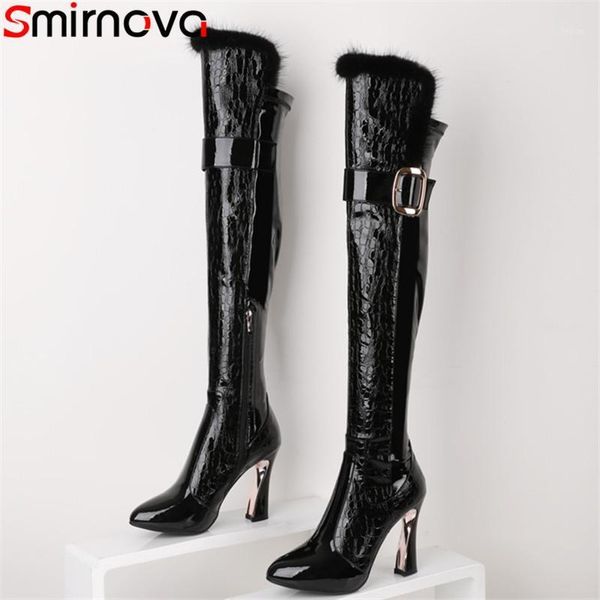 

smirnova 2021 10 cm thin high heel party wedding shoes women boots patent leather buckle winter over the knee boots women1, Black